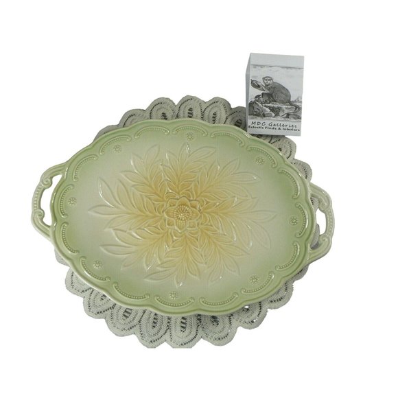 Serving Tray Ceramic Double Handles Embossed Raised Floral Pattern 12.5" - Picture 5 of 11